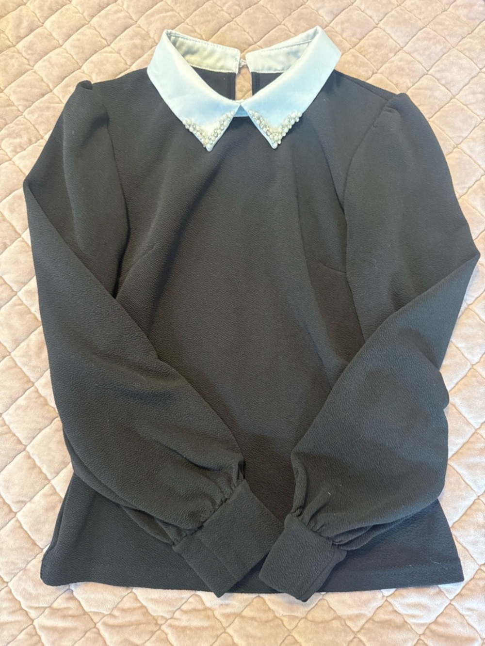 SHEIN Black Long Sleeve Top White Rhinestone Collar Wednesday Addams Style Small